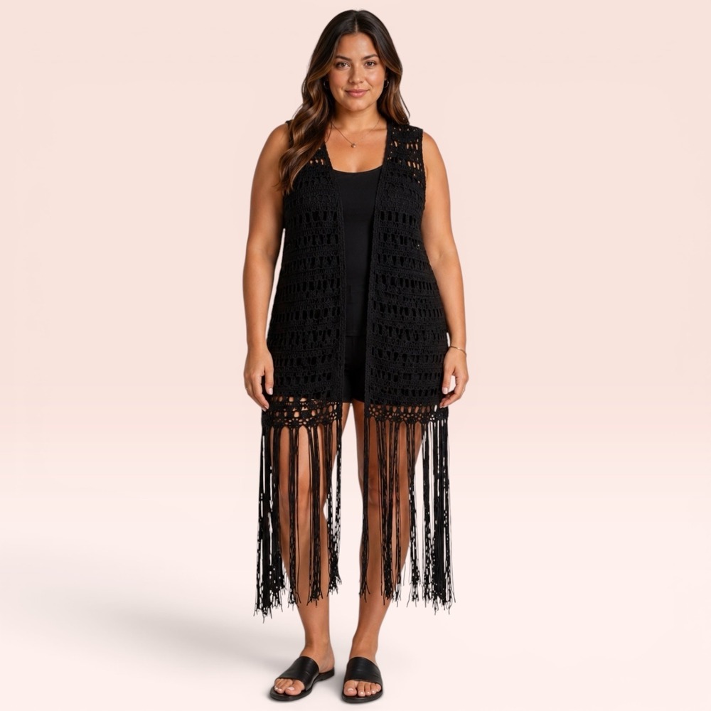 Black Crochet Fringe Vest Open Knit Longline Open Front Boho Festival Hippie 42"